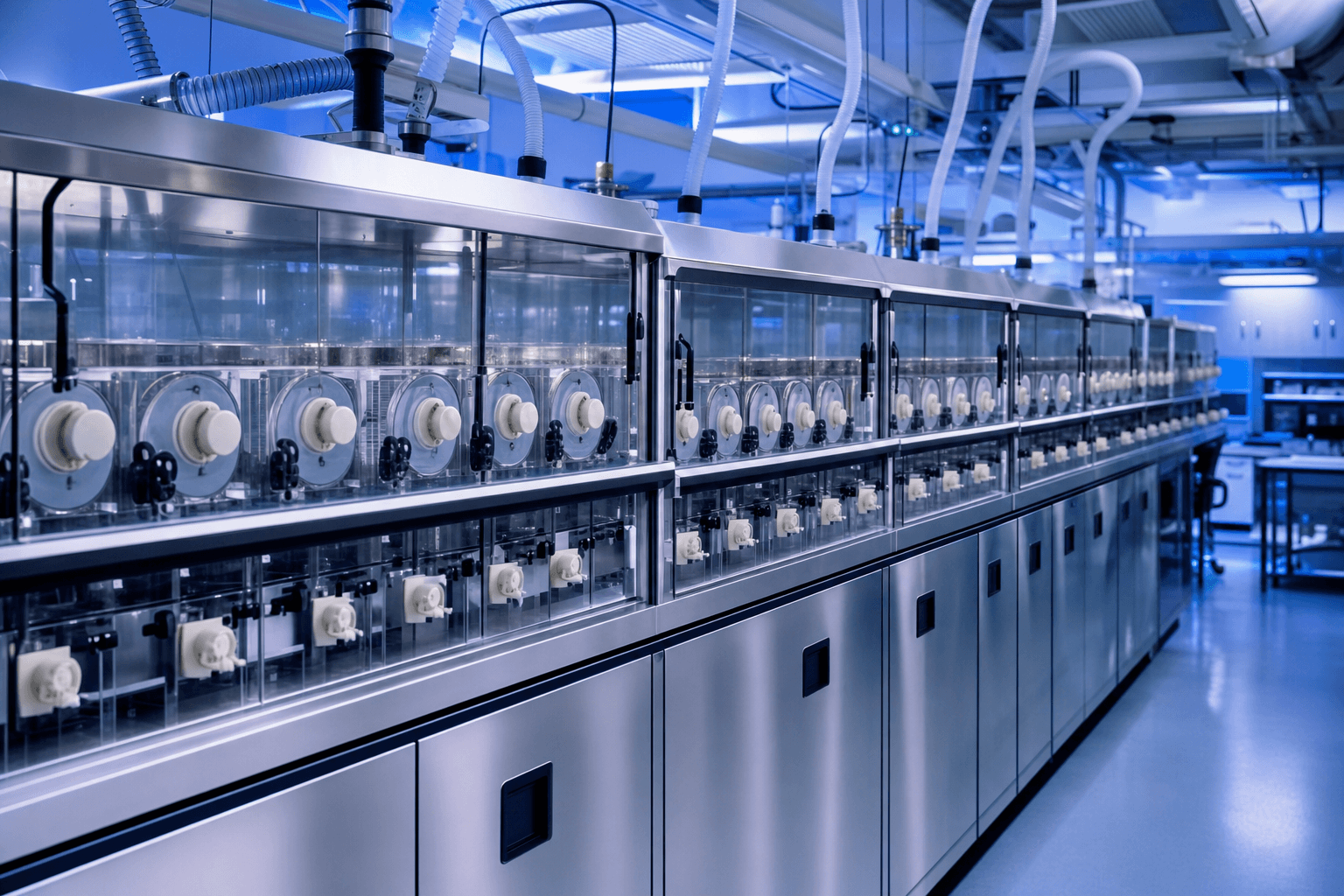 Row of nose-only inhalation exposure chambers inside a biomedical research laboratory